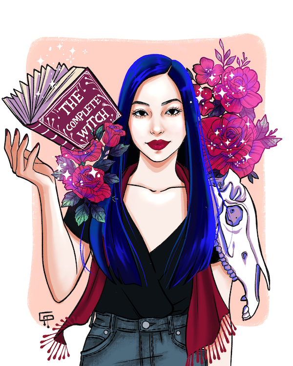 An illustration of Sneezy with long blue hair against a backdrop of a skull and flowers holding a book floating above her hand that reads the complete witch