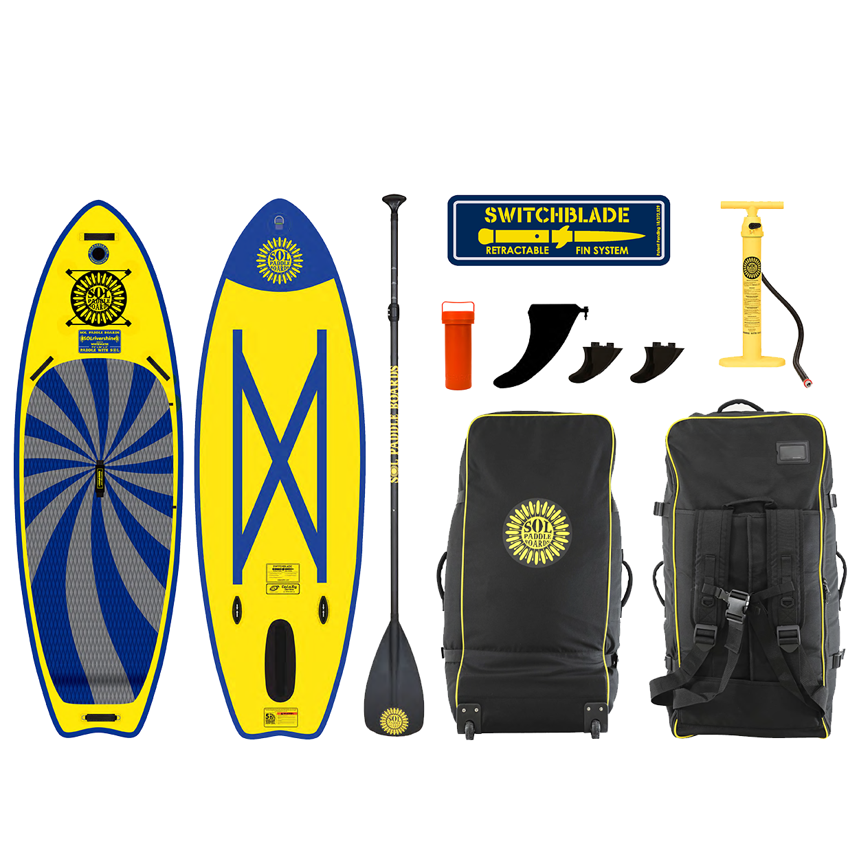 GalaXy SOLrivershine Inflatable Paddle Board showcasing the top and bottom views of the SUP board and the accessories that come with it