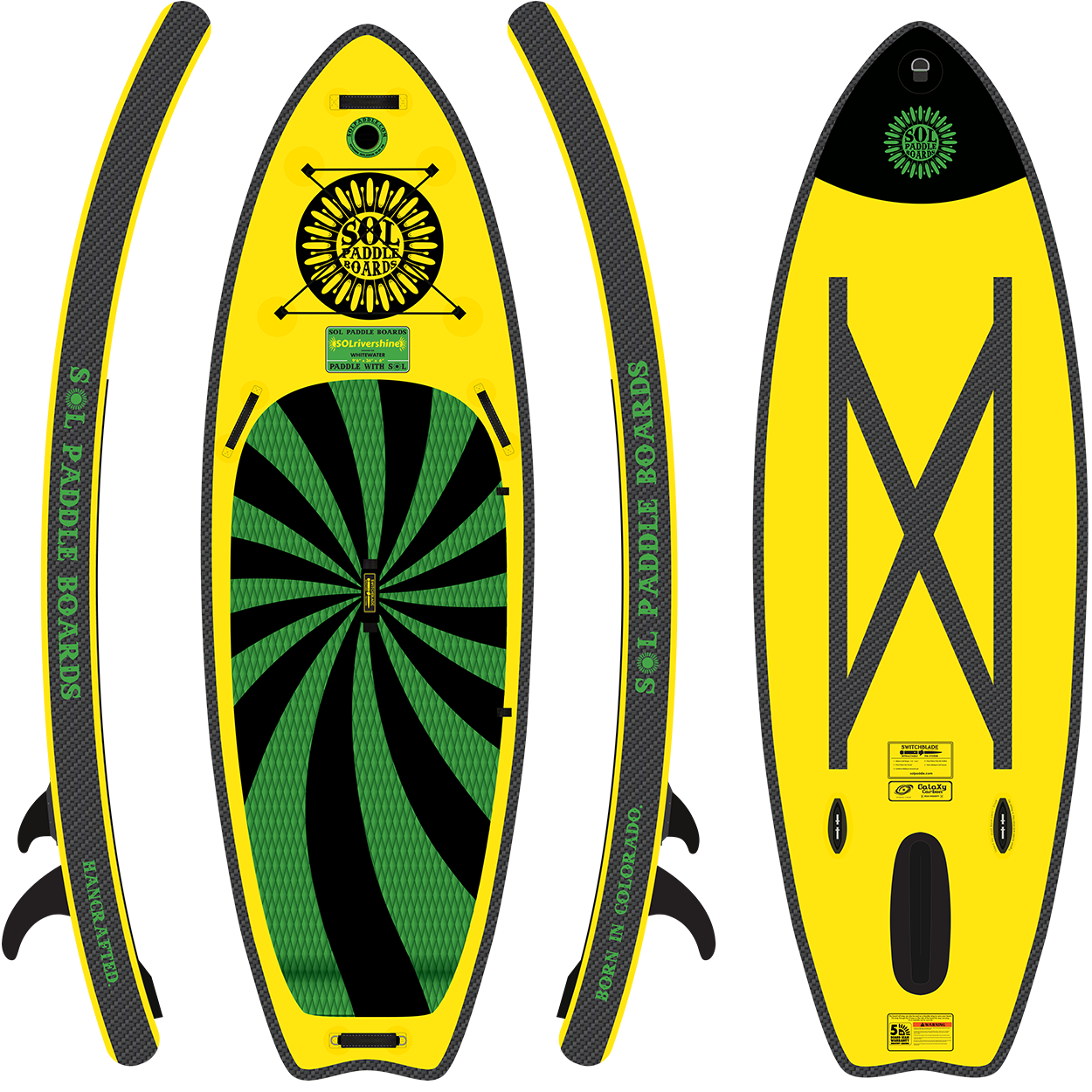 Carbon GalaXy SOLrivershine Inflatable Paddle Board showcasing all four sides of the SUP board