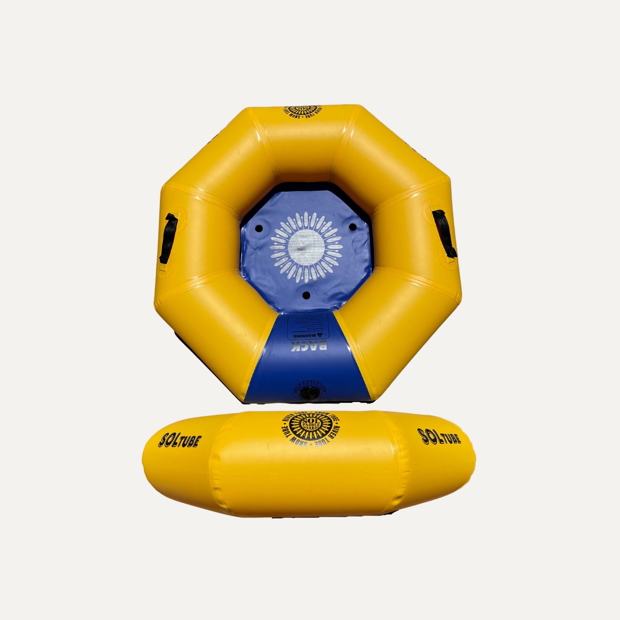 Two SOLtube inflatables in yellow and blue stacked, showing a side view.