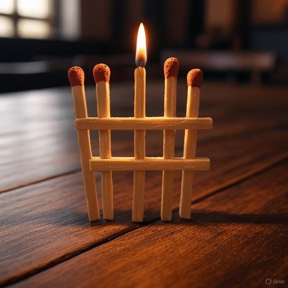 A rather failed attempt to have AI render an image where four matches are arranged in the form of the hashtag (pound) symbol.,