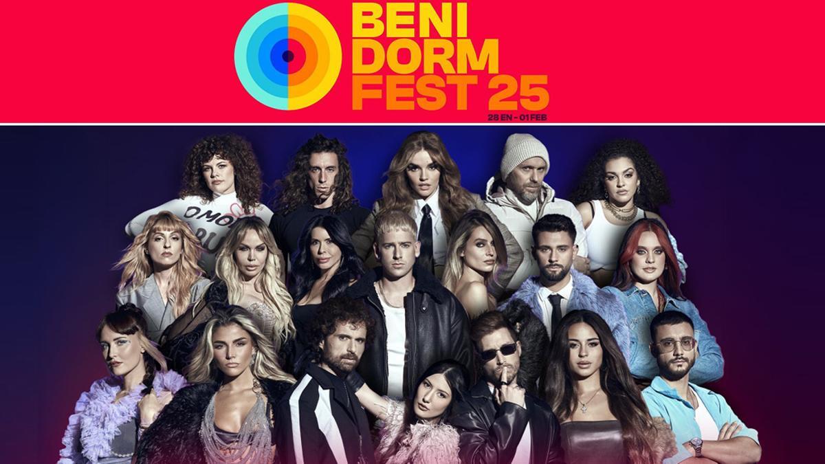 Los participantes del Benidorm Fest 2025 y el logo del certamen