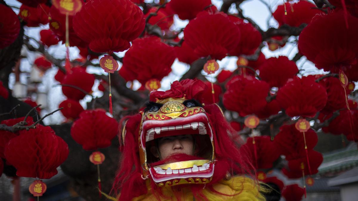 Un bailarín realiza la danza tradicional del león para las celebraciones del Año Nuevo chino en Pekín