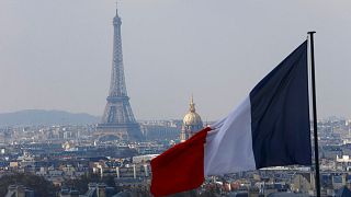 Eyfel Kulesi, Invalides Kubbesi ve çatıların bulunduğu Fransız başkentinin silueti üzerindeki Fransız bayrağı, Paris'teki Pantheon Kubbesi'nin sütunundan görülüyor.