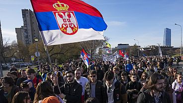 Students walk towards the northern city of Novi Sad, where they will participate in a 24 hour block of three bridges to protest the deaths of 15 people killed in November.