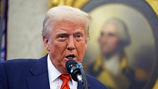 President Donald Trump speaks before Pam Bondi is sworn in as Attorney General by Supreme Court Associate Justice Clarence Thomas, in the Oval Office of the White House.