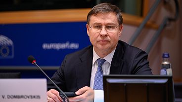 Komisarz ds. gospodarki Valdis Dombrovskis przemawia do posłów do Parlamentu Europejskiego, 28 stycznia 2025 r.