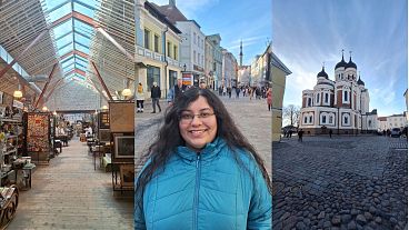 Balti Jaam Markt (links), Indra in der Altstadtstraße (Mitte) und Alexander-Newski-Kathedrale (rechts).