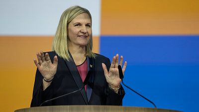 Kirsty Coventry após ter sido anunciada como a nova Presidente do COI na 144ª sessão do Comité Olímpico Internacional na Grécia, 20 de março de 2025