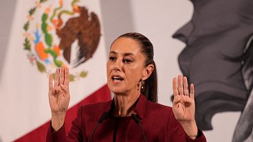 Mexican President Claudia Sheinbaum gives a morning press conference at the National Palace in Mexico City, Wednesday, April 2, 2025. 
