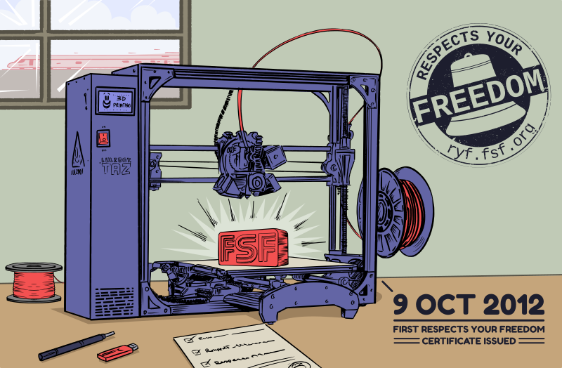 Illustration of the Lulzbot with RYF logo certification.