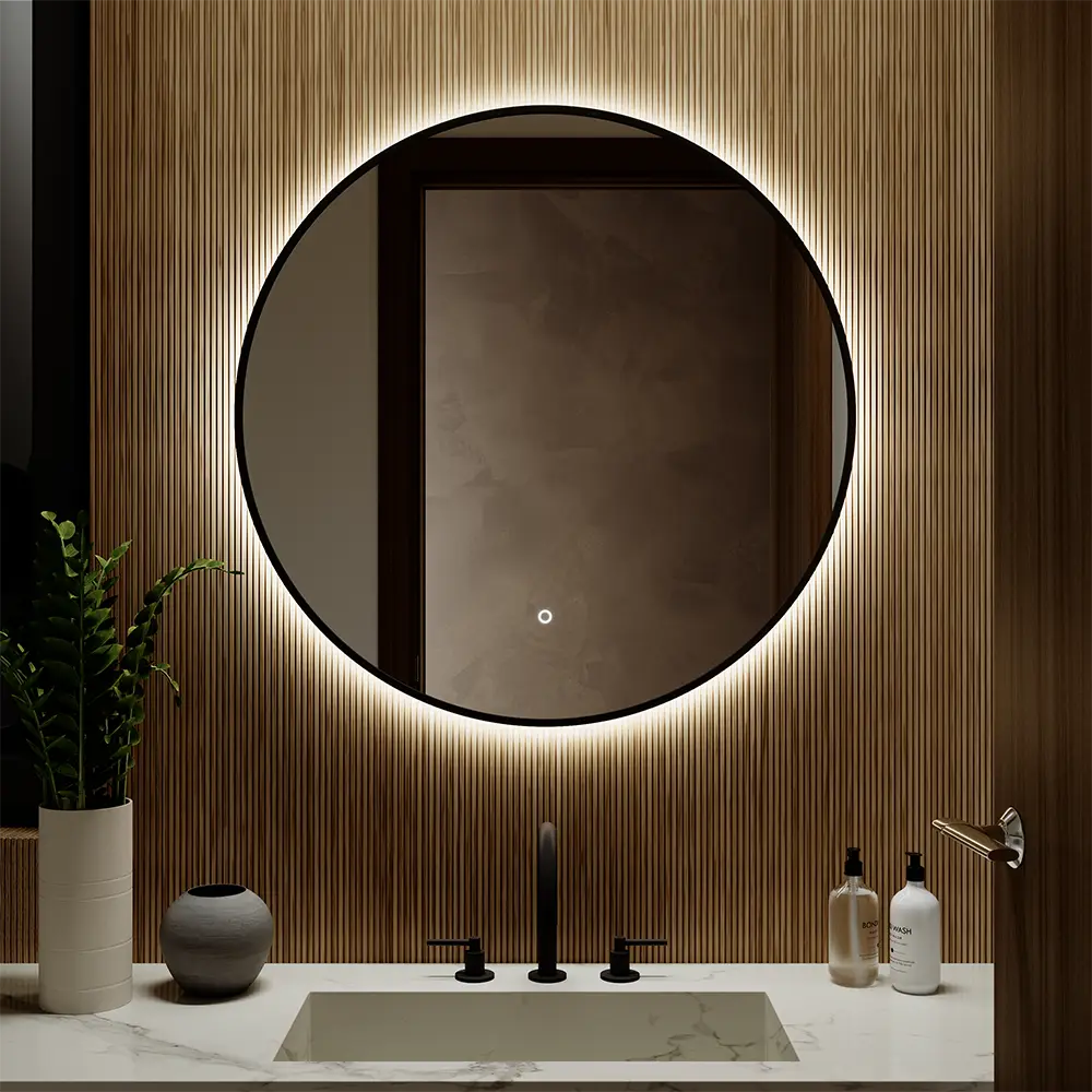 Specchio led tondo Ø 80 cm con cornice nero opaco retroilluminato sensore touch-screen Specchio led tondo Ø 80 cm con cornice nero opaco retroilluminato sensore touch-screen