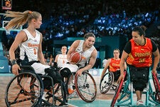 Mariska Beijer of the Netherlands handled the basketball during a game against Spain at the Paralympics in Paris.