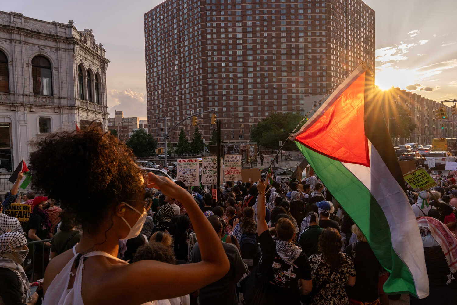 Protesters at a rally organized by the pro-Palestinian group Within Our Lifetime outside a campaign event for Kamala Harris in Harlem in August.