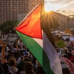 Protesters at a rally organized by the pro-Palestinian group Within Our Lifetime outside a campaign event for Kamala Harris in Harlem in August.