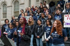 Students speaking at City Hall last April in support of Journalism for All, a $3 million initiative to create journalism programs at 30 high schools across New York City.