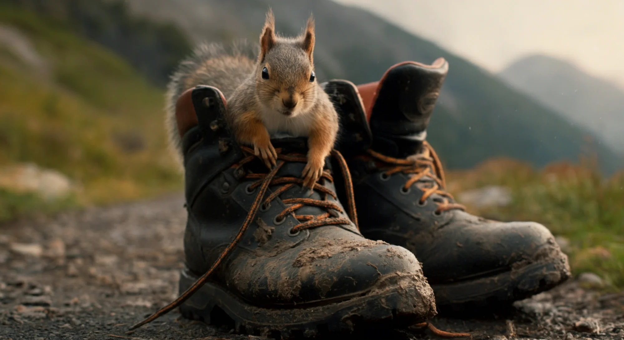 A curious squirrel peeks out from a muddy hiking boot, set against a blurred background of mountains.