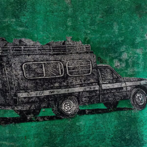 "Face Me" -Childhood Memories (Woodcut Print on Paper) + Upcycled Fridge Magnet