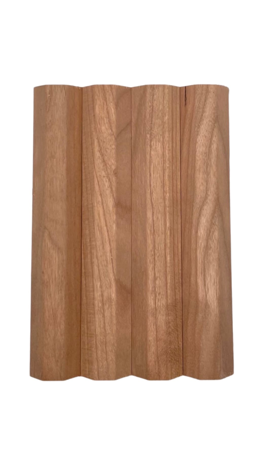 Wide plank tambour wood panels in a light brown fluted design, featuring a wavy pattern, displayed against a white backdrop. | Custom tambour and architectural wood specialists