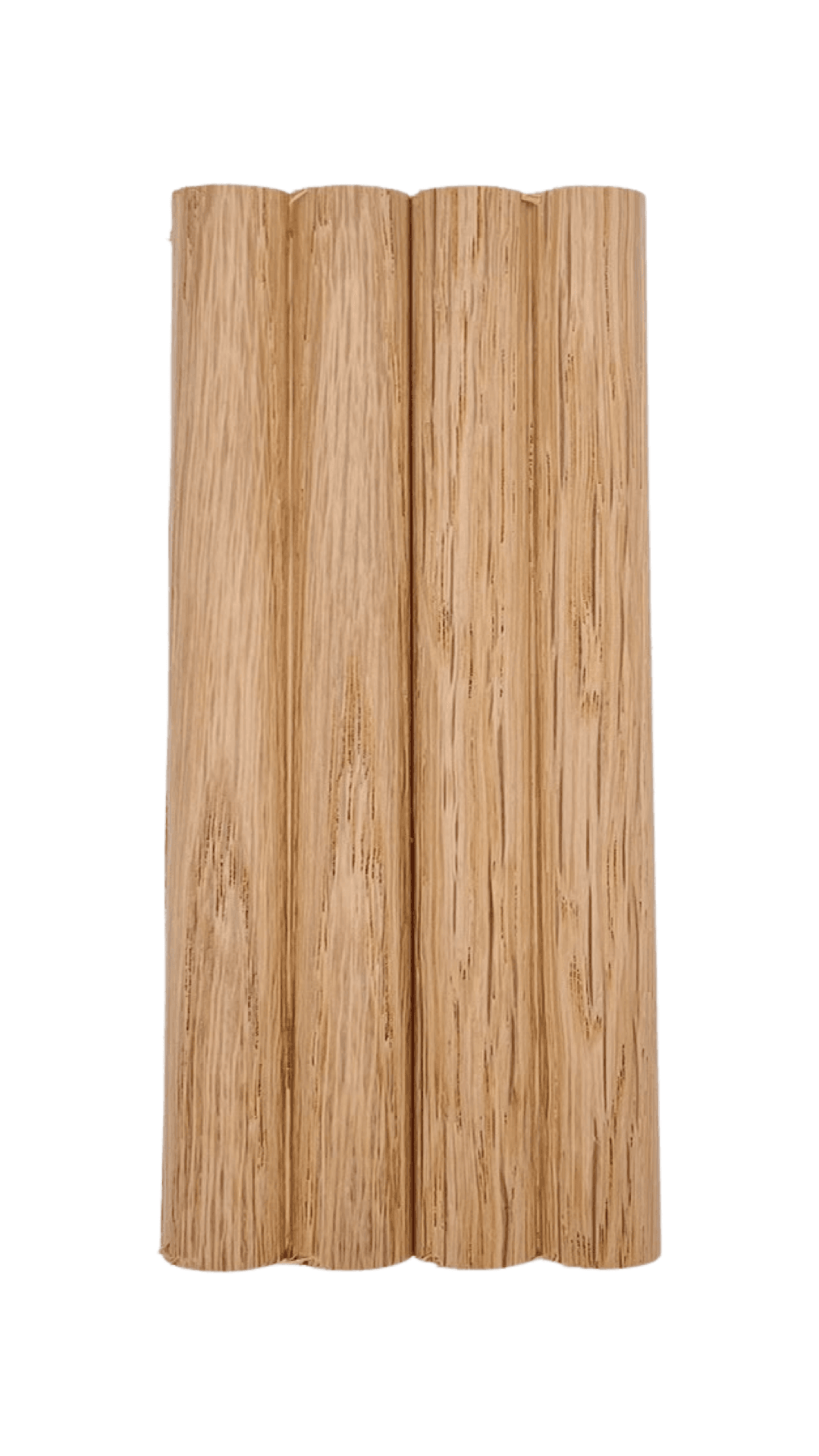 White oak tambour panels with four vertical, cylindrical wooden dowels, ideal for modern interiors. Clean white background shown. | Custom tambour and architectural wood specialists