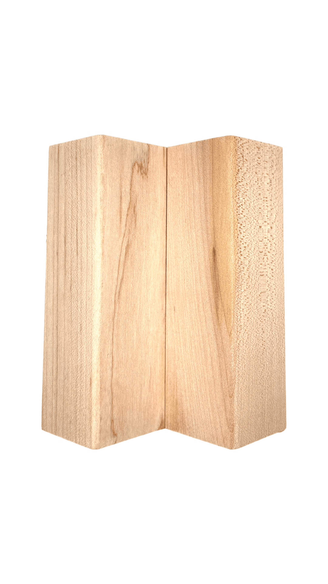Wide plank architectural wood panels form a V-shaped corner, showcasing smooth grain. Ideal for modern interiors. White background. | Custom tambour and architectural wood specialists