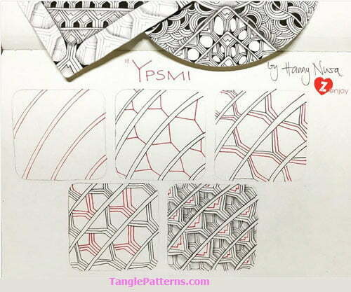 How to draw the Zentangle pattern Ypsmi, tangle and deconstruction by Hanny Waldburger. Image copyright the artist and used with permission, ALL RIGHTS RESERVED. How to draw the Zentangle pattern Ypsmi, tangle and deconstruction by Hanny Waldburger. Image copyright the artist and used with permission, ALL RIGHTS RESERVED.