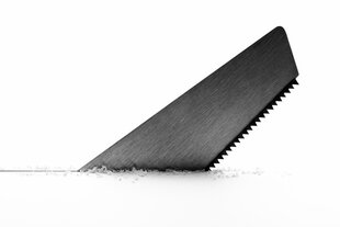 Ein Sägeblatt kommt aus einem dicken Holz, ein paar Spähne liegen auf