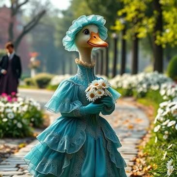 Duck-lady holding daisies in Victorian park by Teagan via Night Cafe