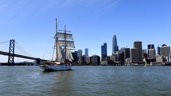 A sailboat sails in the San Francisco Bay Area, California, the United States, July 25, 2021. (Photo by Wu Xiaoling/Xinhua via Getty Images)