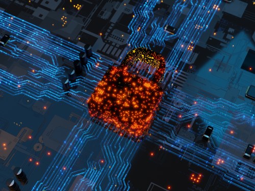 Circuit board with data flowing through a red lock representing data security.