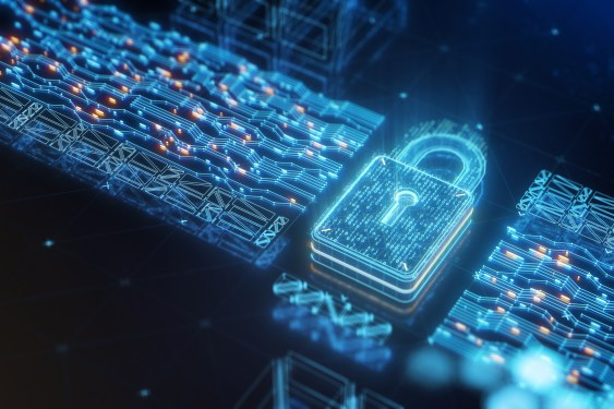 Digital security padlock with encrypted binary code on abstract circuit board.