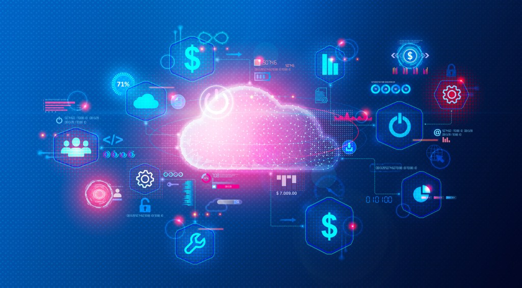 Cloud FinOps concept illustration with pink cloud in the middle surrounded by tools and dollar signs.