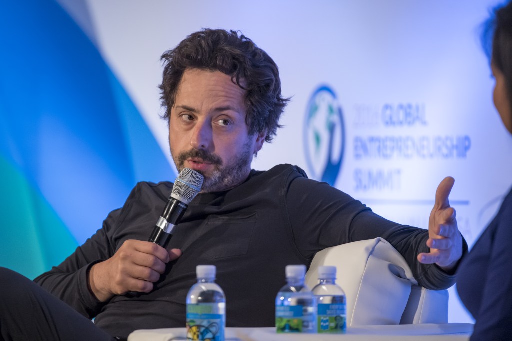 Sergey Brin speaks during the 2016 Global Entrepreneurship Summit (GES) at Stanford University