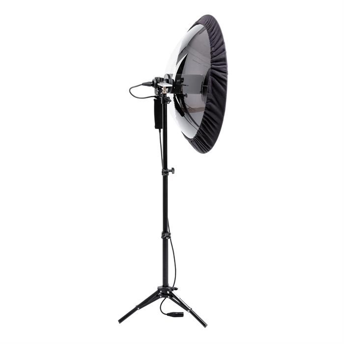 Telinga parabolic microphone on tripod stand with windshield.