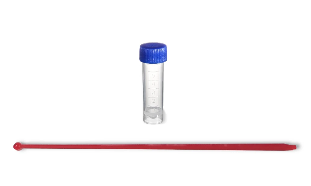 A 5 ml vial and a 10 mg microscoop.