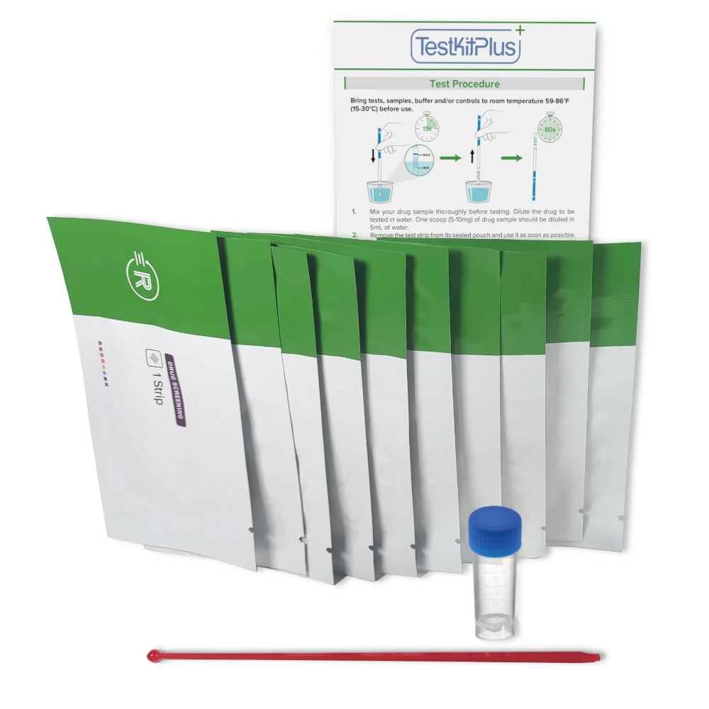 Fentanyl test strips with a 5 ml vial and a 10 mg microscoop.
