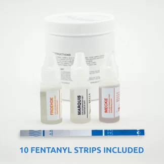 Opioid test kit showing Mecke, Froehde, and Marauis reagent bottles with a white jar in the background.