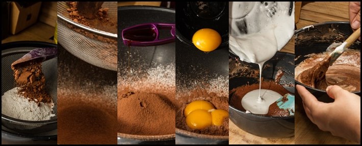 Six side-by-side photos of all the ingredients being incorporated into a bowl to make a snow whirl chocolate roll.