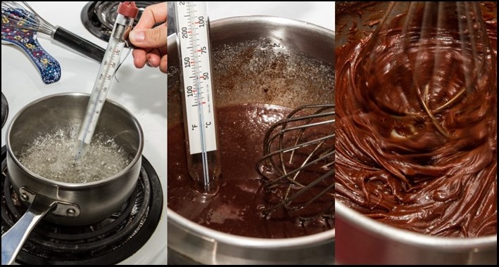 Two side-by-side images of a thermometer being used while making the mountain cream icing and the fudge frosting. A third image shows the fudge frosting being mixed with a whisk.