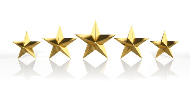 Five golden stars isolated on white background