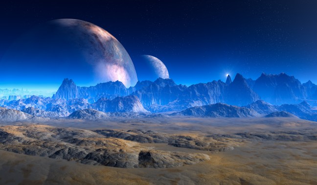 double moon above Crater Landscape on alien Planet.