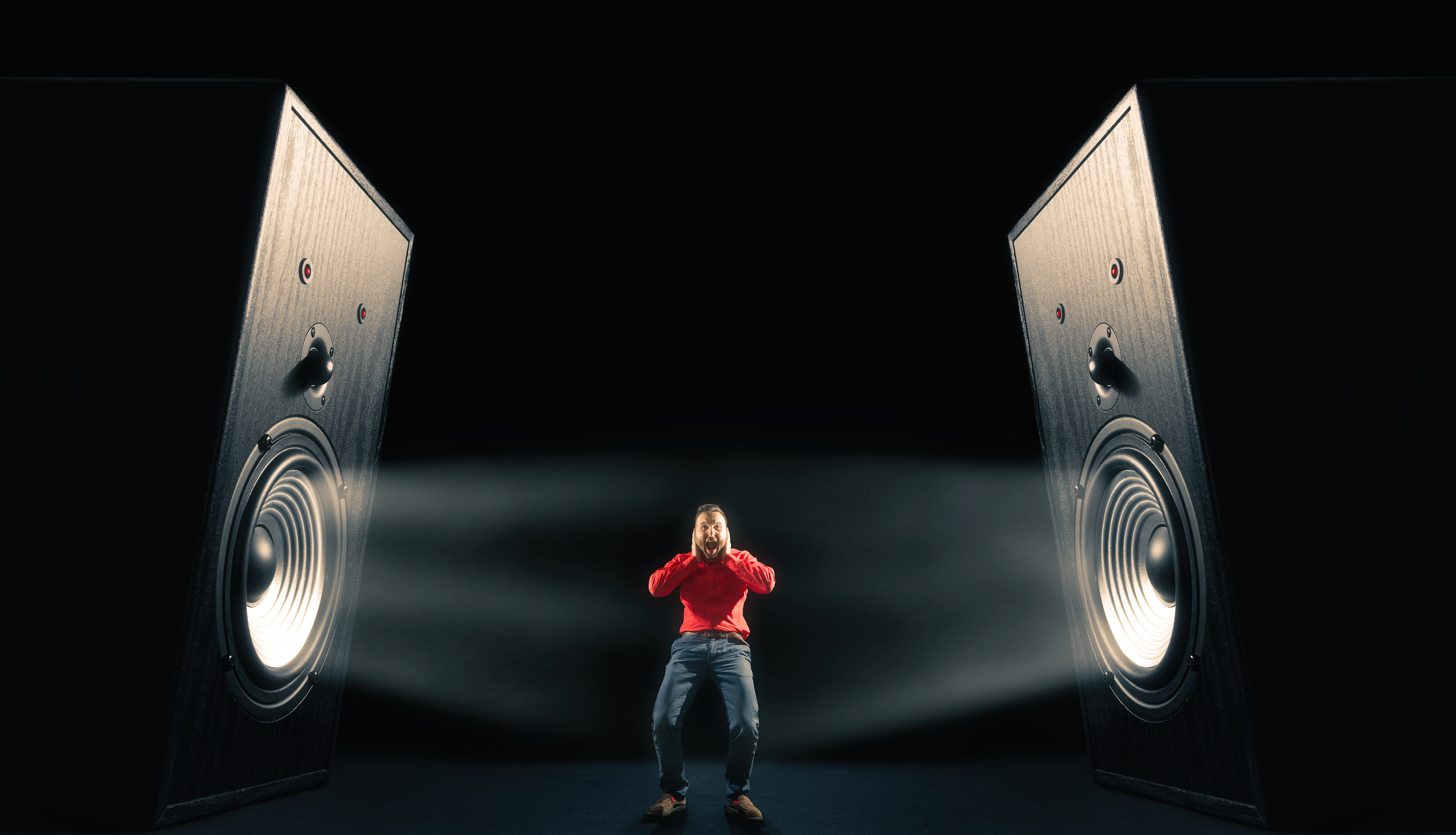 Powerful sound waves with funny sound speakers and screaming man.