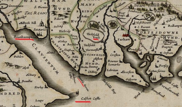 A section of a 17th century map of Hampshire, showing the locations Nero refers to. Marked are Titchfield House (Place House, where Gib lives), Hamble Haven (where Nero claims he went, with St Andrews castle nearby, and Calshot castle across the water.