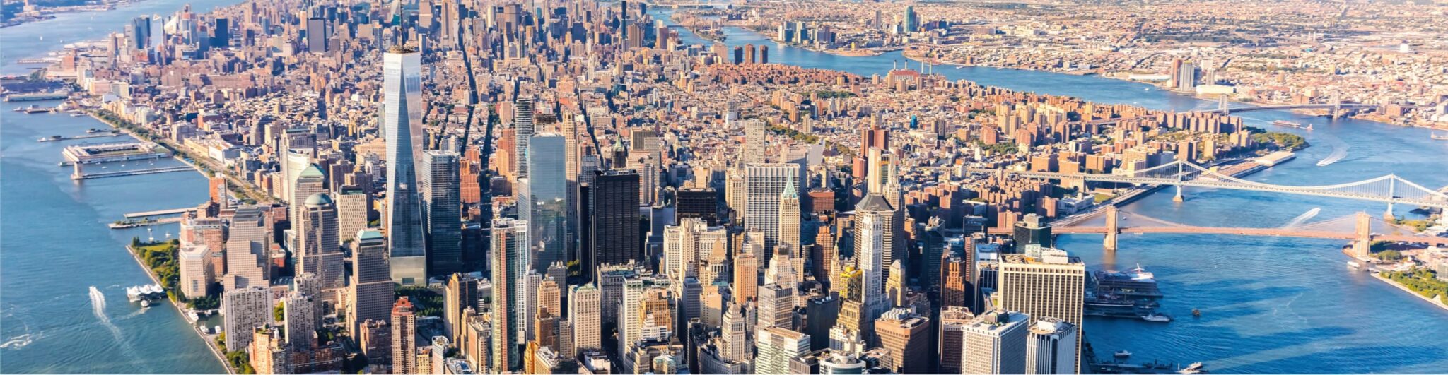 Aerial shot of New York City showing Manhattan between the East River and Hudson