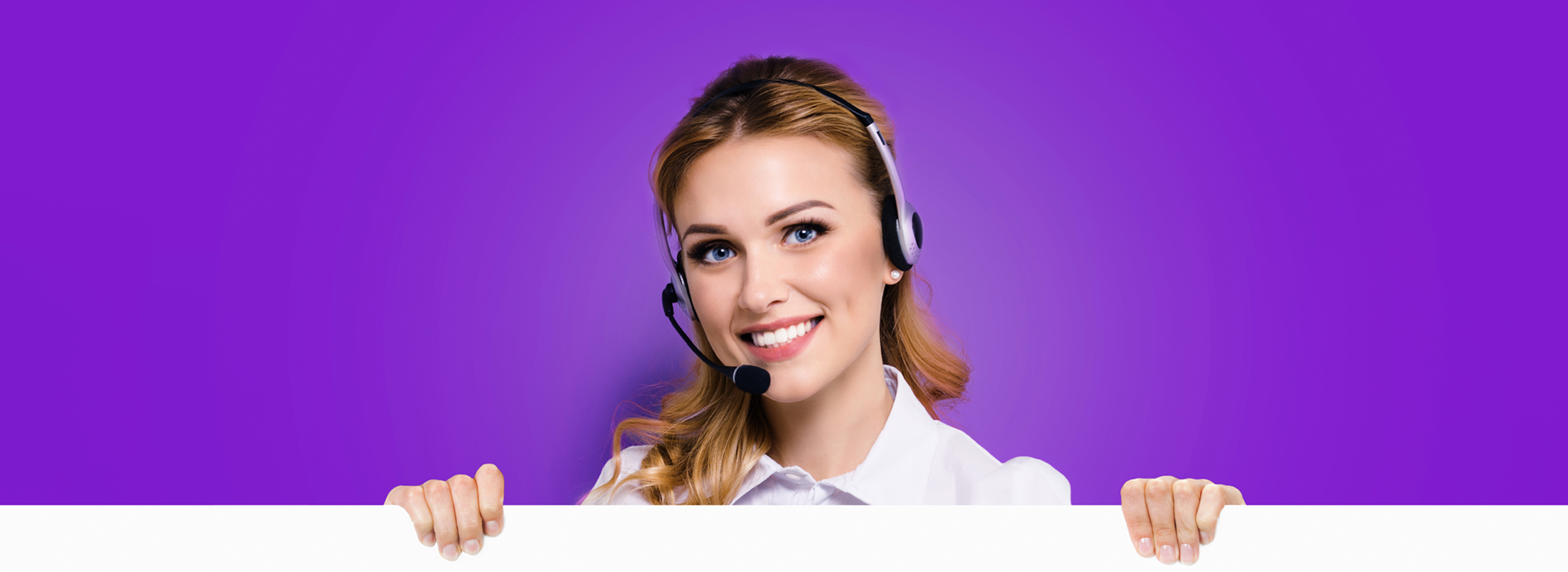 MMiddleChania3Sep8-2 Woman smiling with a headset against a vibrant purple background, representing professional customer support at TP.