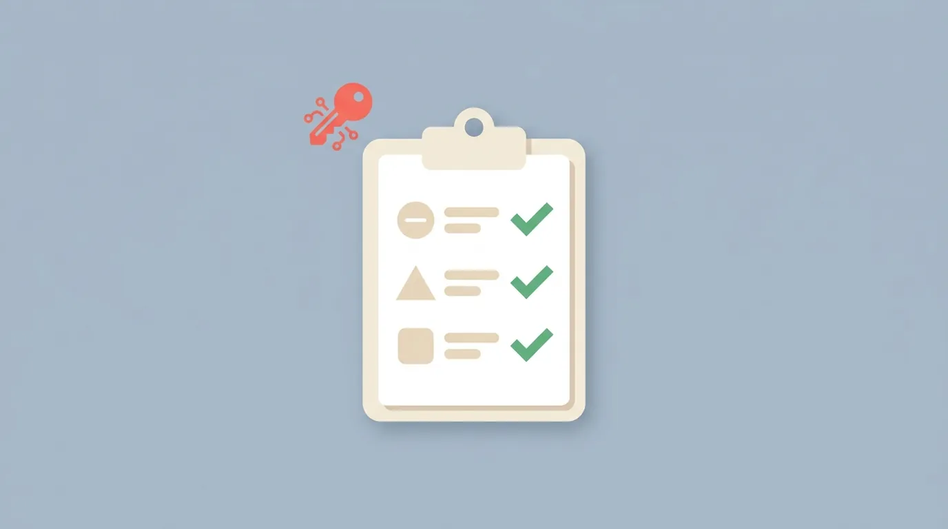 A checklist with an API key icon and version badge shapes, with green checkmarks.