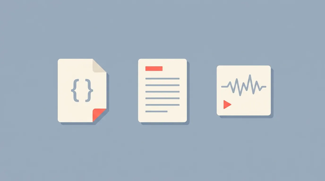 Three file cards with distinct shapes, representing JSON, plain text, and subtitle file formats.
