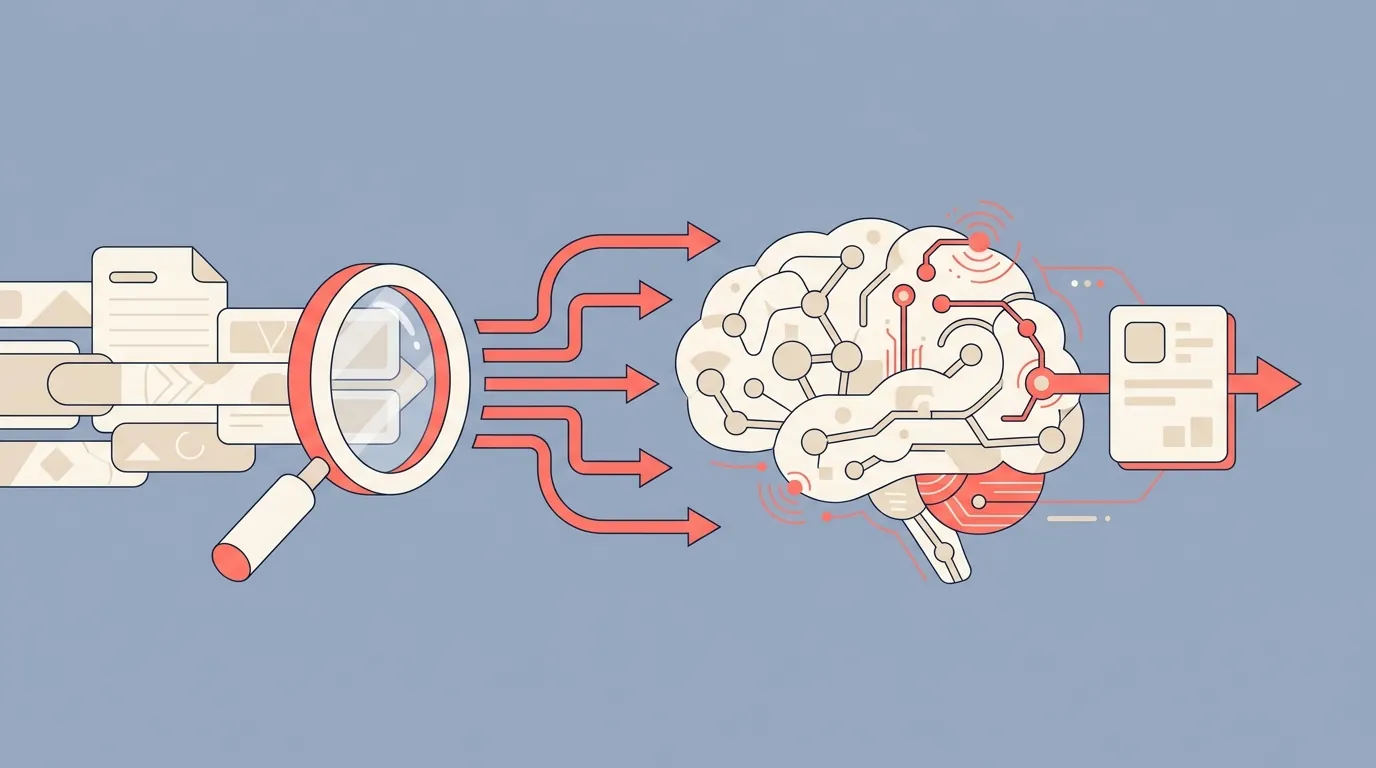 Document chunks flow through a retrieval lens into a neural brain, which outputs a clean answer card — the RAG concept.