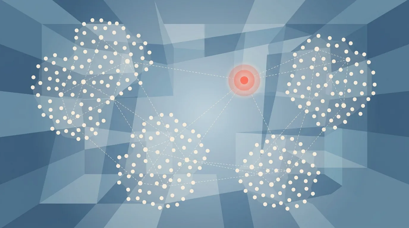 A grid-like semantic space with small dots clustered into groups, one highlighted dot with a glow representing a retrieval target.