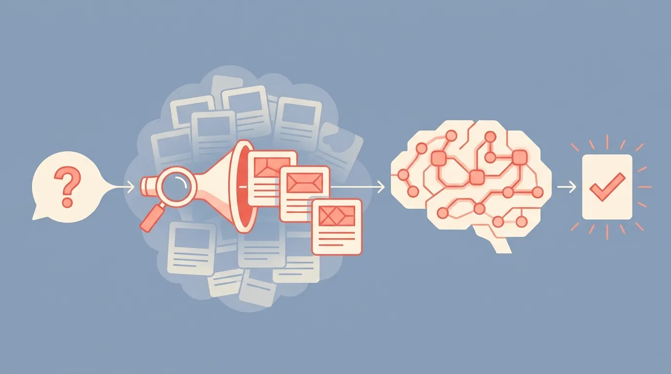 A question bubble flows into a retrieval lens, which pulls relevant chunks into a neural brain that outputs an answer card.